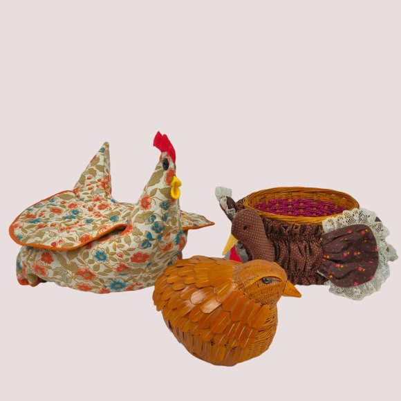 Vintage 1970s Chicken Baskets 3 Turkey Chick Calico Floral Wicker Lace Quilting - Picture 2 of 16
